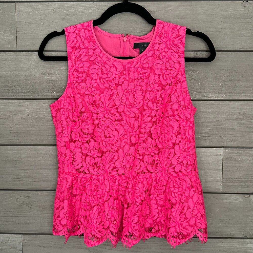 Jcrew Women's Bright Pink Fuchsia Lace Peplum Tank Top Cami Size 4